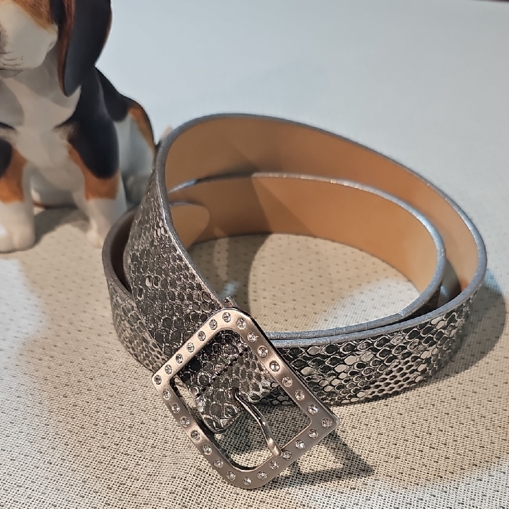 New Silver Rhinestone Metallic Reptile-effect Women's Belt with Crystal Buckle
